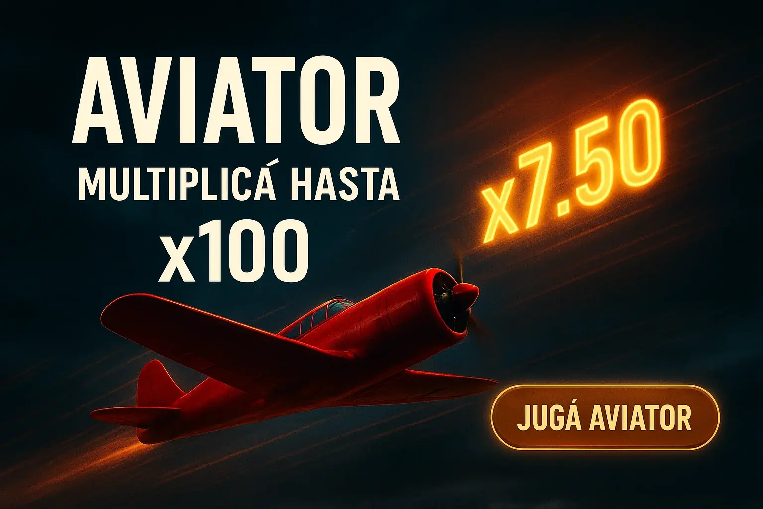 Banner Aviator con avión rojo, cielo oscuro y multiplicador x7.50 brillante