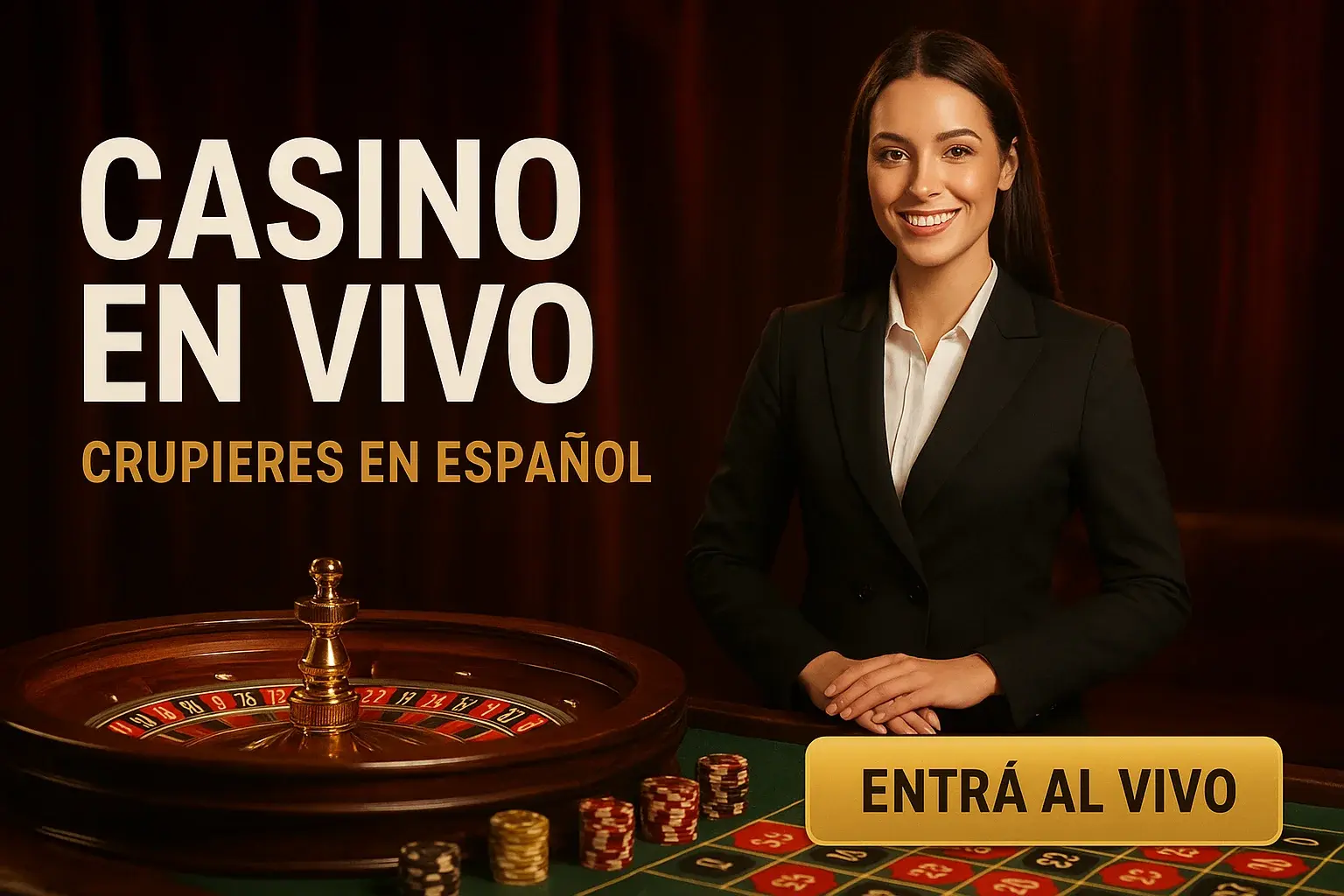 Banner casino en vivo con crupier en español y botón Entrá al vivo
