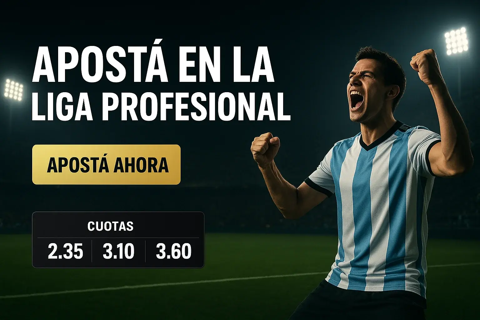 Banner de apuestas con hincha argentino, cancha verde y botón Apostá Ahora